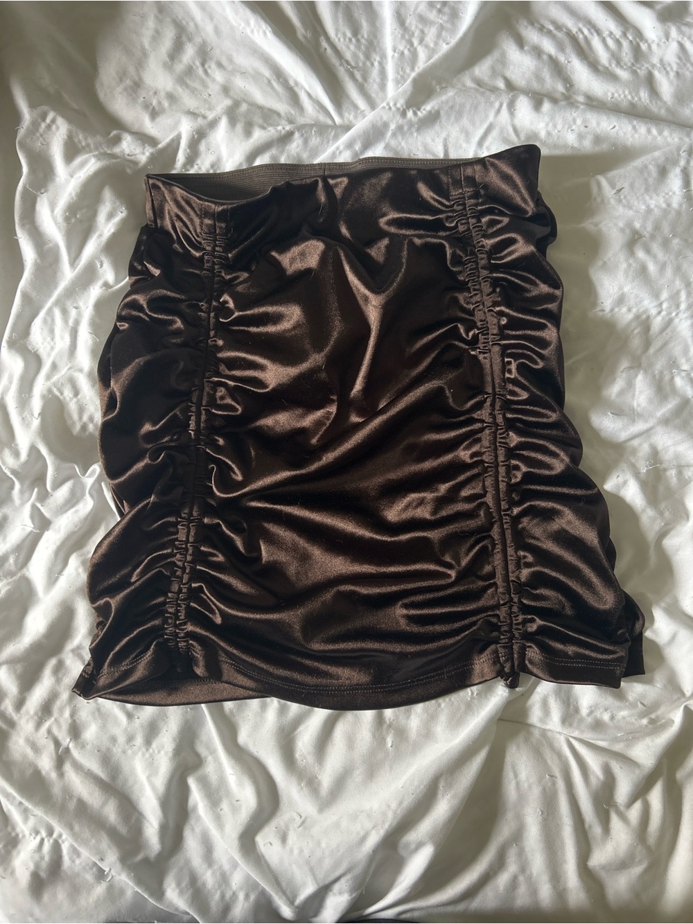 Divided Chocolate Brown Satin Ruched Mini Skirt